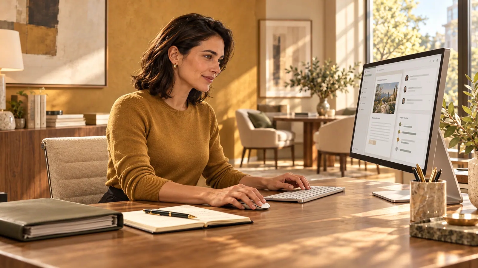 Operations lead reviewing clients on a desktop at her desk