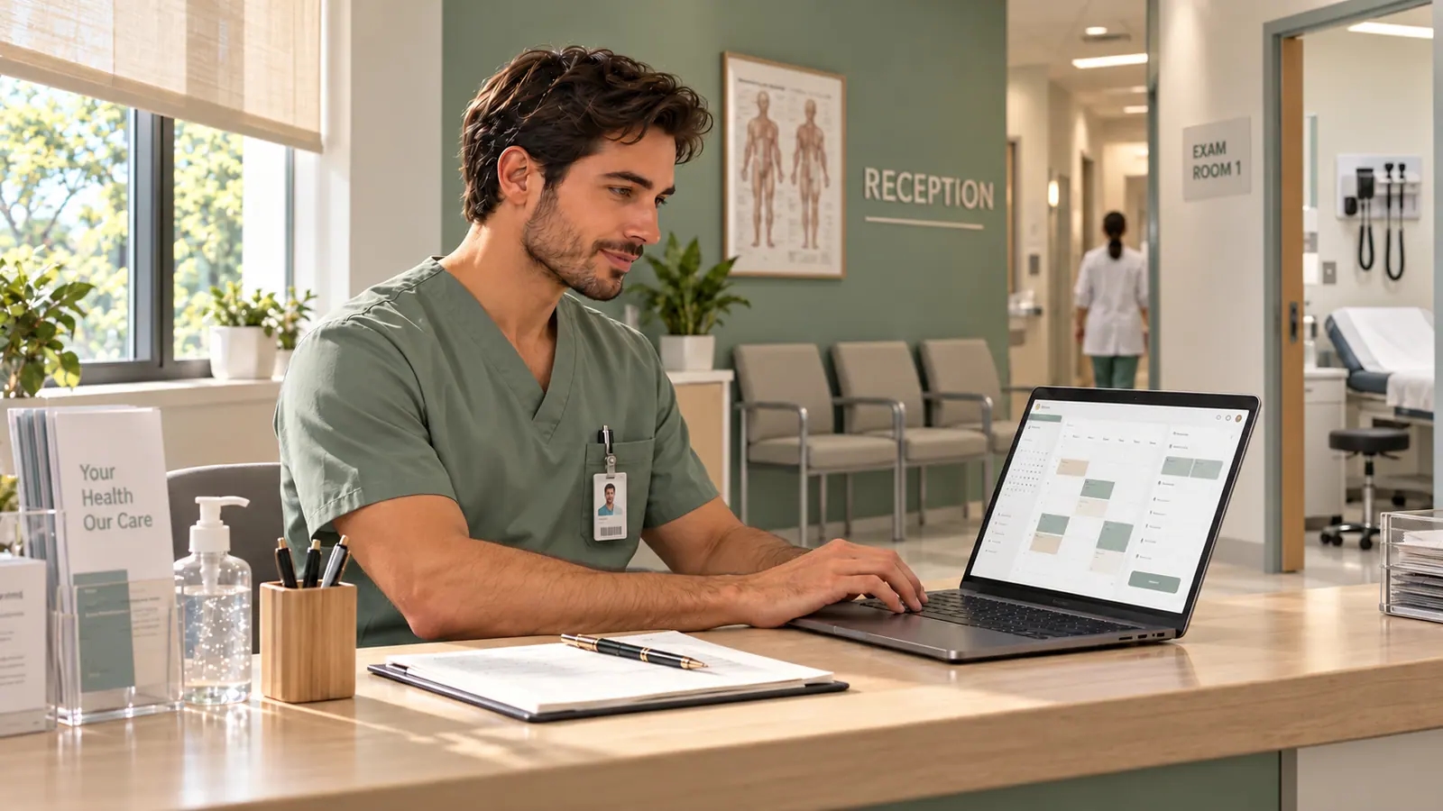 Receptionist reviewing appointments on a laptop at a clinic desk